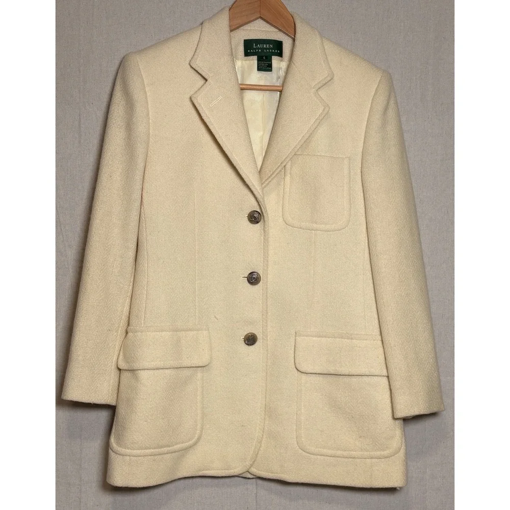 Lauren Ralph Lauren Womens 100% Wool Blazer Cream 3 Button Crest‎ Jacket Size 4
